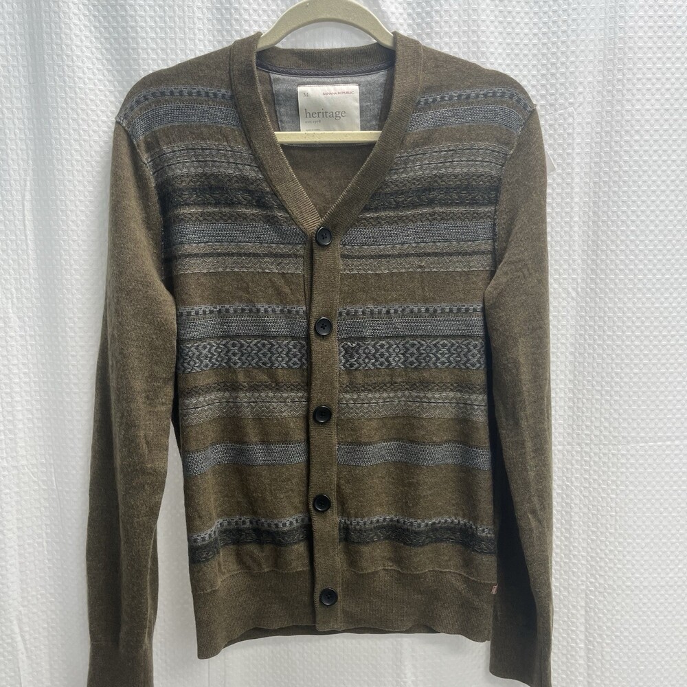 Banana Republic Heritage Brown Wool Blend Fair Isle Stripe Cardigan Sweater Med